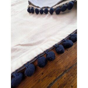 Pottery Barn Teen White Linen Window Valance Navy Blue Pom Pom Edge Lined 42x18